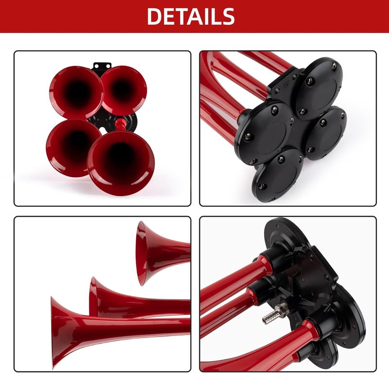 OVANOH 150db 12V Train Horn Kit，Red 4 Speakers， Air Horn With Compressor Compatible For Trucks Cars Semi Trailers Pickup Motorhome SUV Truck Train And Other Vehicles， Ultra Loud BD - Image 2